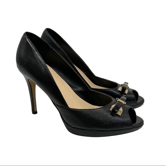 Marc Fisher Marsha Black Leather Peep Toe Platform Pumps with Bows - Picture 1 of 12